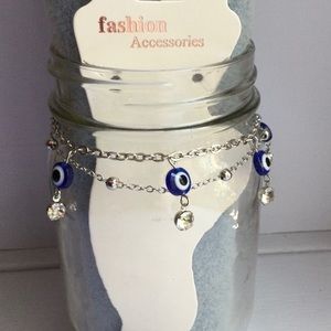 Evil Eye & Crystal Charm Silvertone Ankle Bracelet